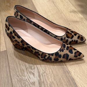 J. Crew Leopard Print Pointed Toe Low Block Heel Pumps - Tan/Black